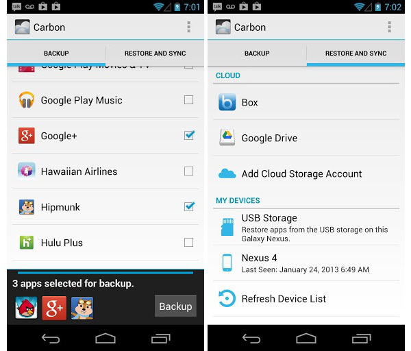 Carbon Backup app for Android