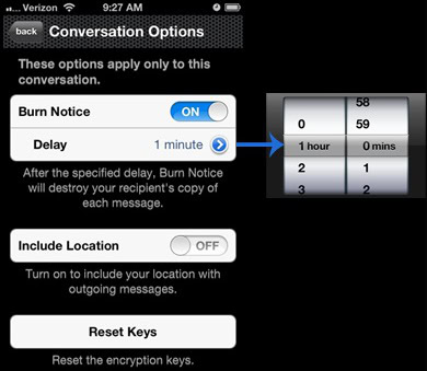 Silent Text can &quot;burn&quot; your message after a pre-set time.