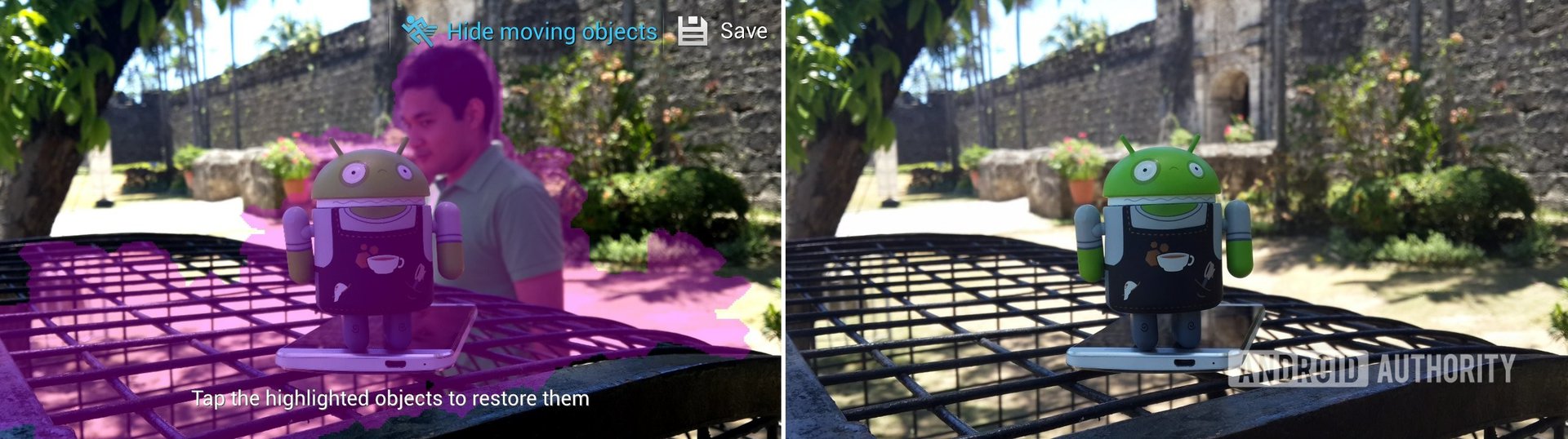 Sample of Eraser Shot photos from Galaxy S4; Left -- unwanted objects highlighted; Right -- cleaned up image