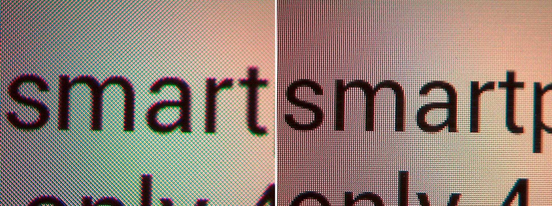 Magnified screen showing portion of text (left -- Galaxy S4; right - HTC One)