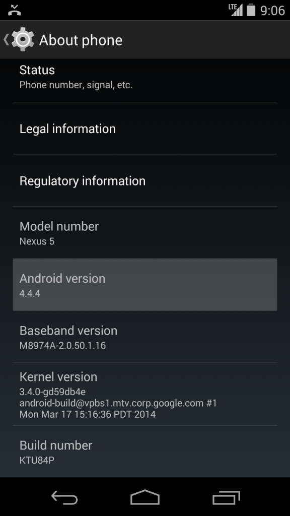 Nexus 5 Android 4.4.4 info