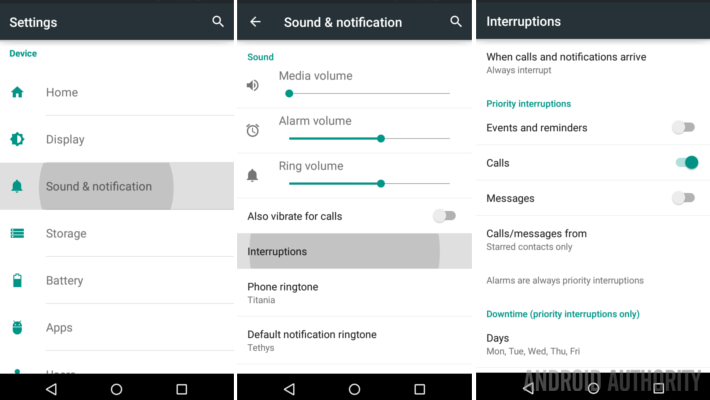 Android Lollipop Priority Interruptions settings