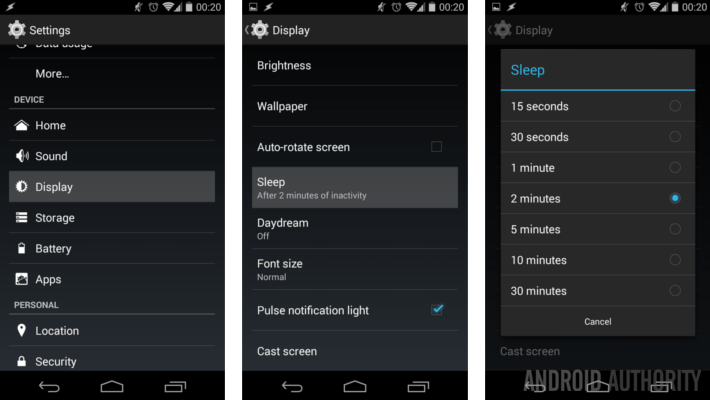 Android screen display sleep timeout settings