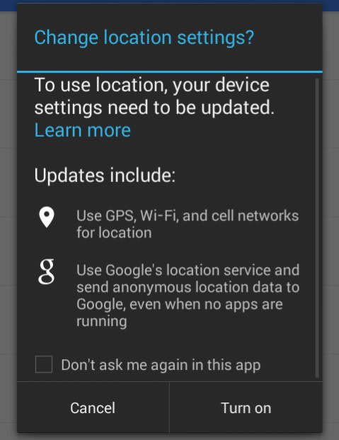 Google Maps Location Services prompt