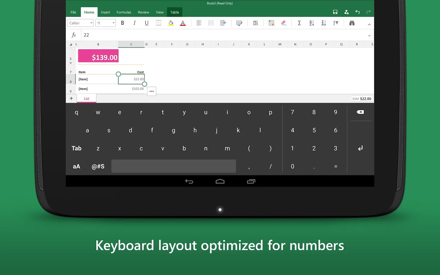 Keyboard for Excel 2