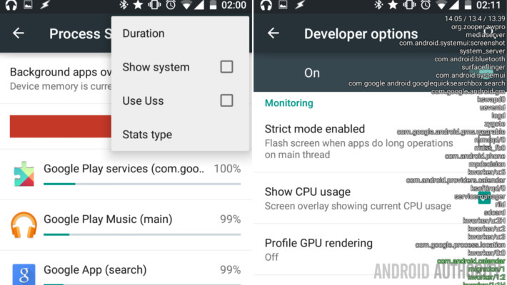 Android Settings Developer Options Process Stats CPU