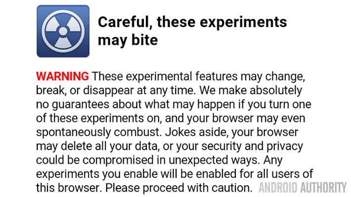 Chrome Flags Warning message