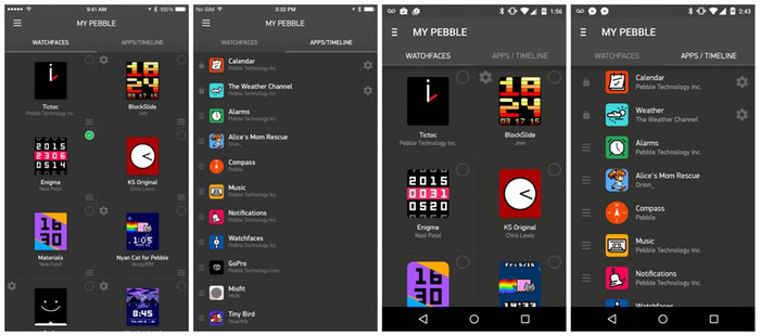 iOS My Pebble menus (left) and Android My Pebble menus (right)