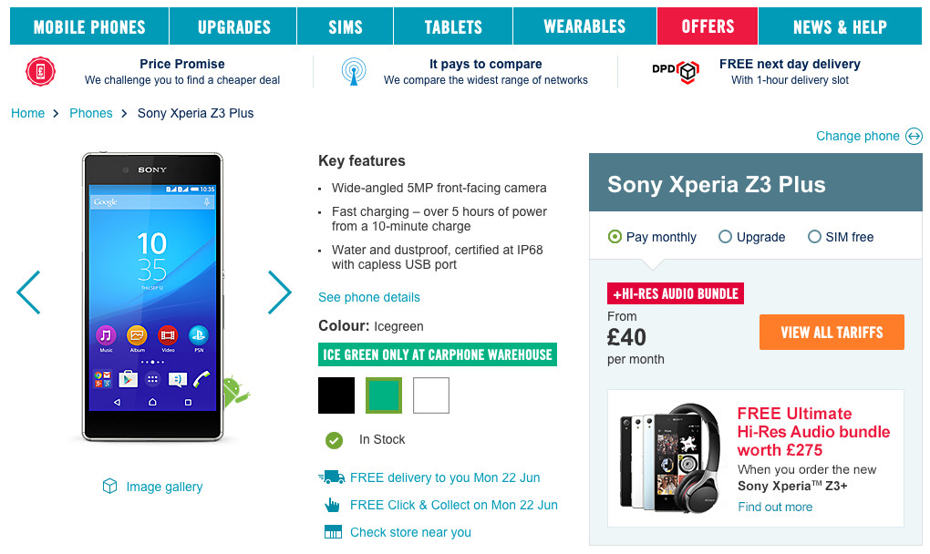Sony Xperia Z3+ Carphone Warehouse AA