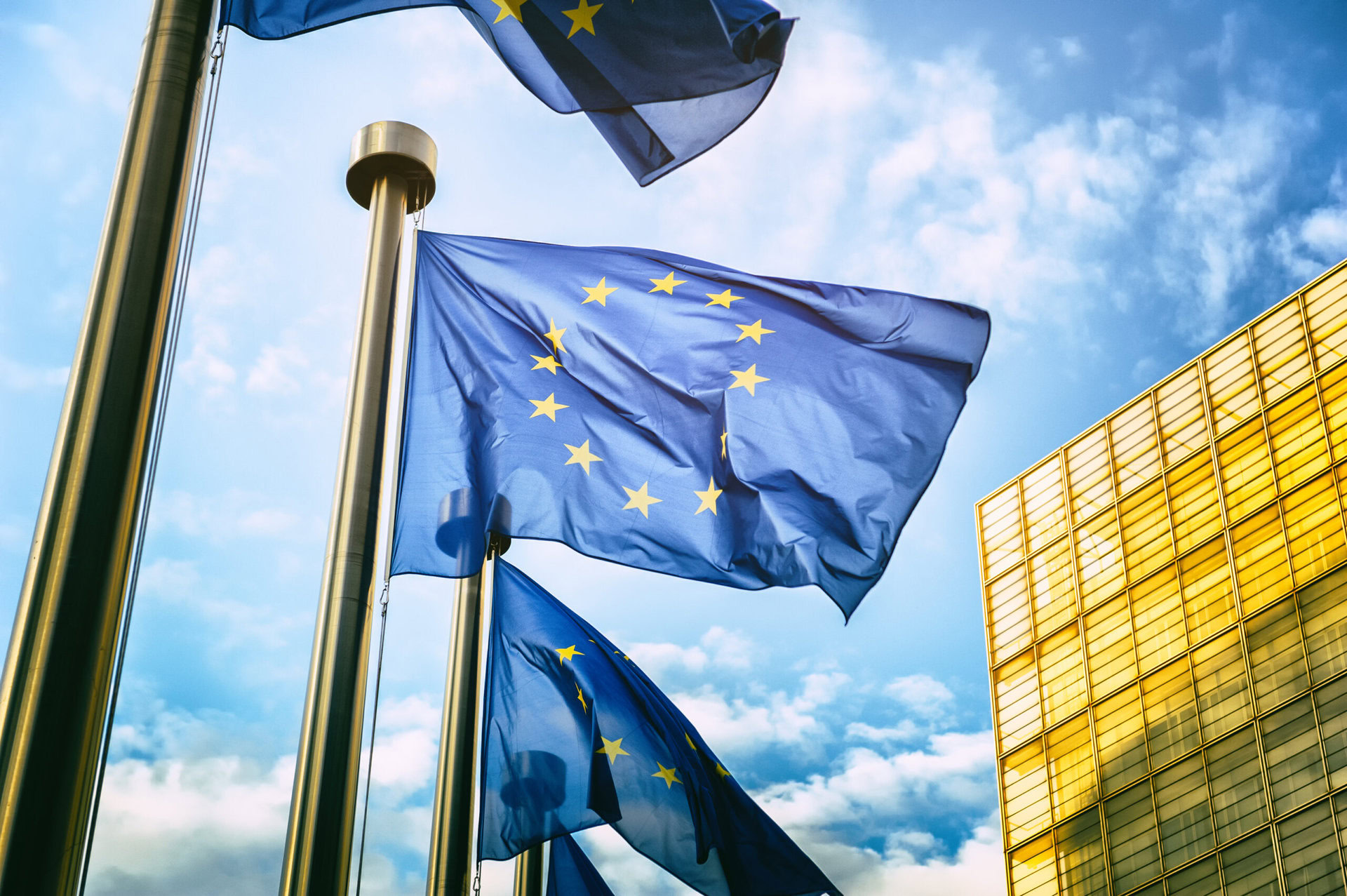 EU flags in front of European Commission in Brussels