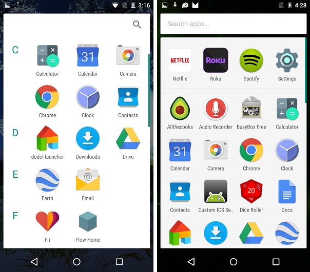 Android M left, Android M Dev Preview 2 on right