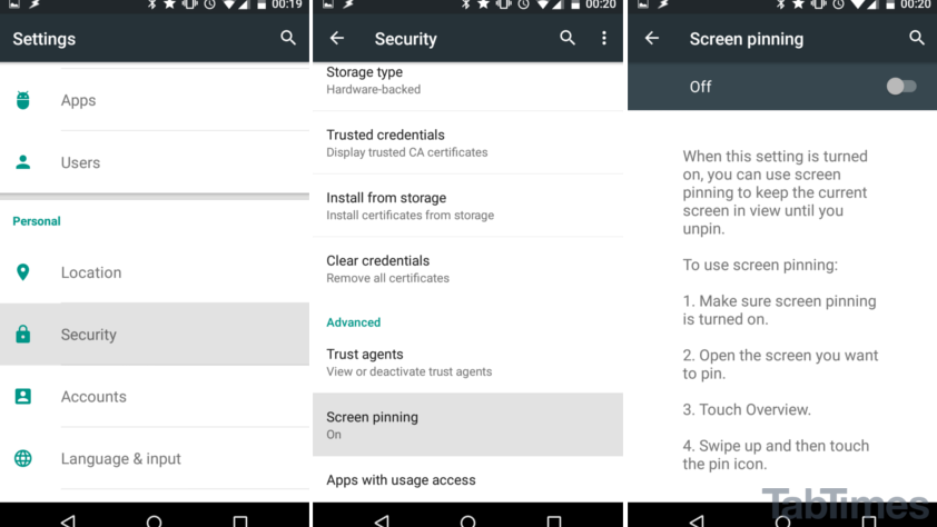 Android Lollipop screen pinning settings