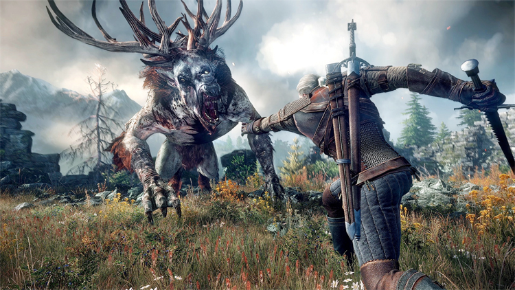 Geralt luta contra um monstro em The Witcher 3: Wild Hunt