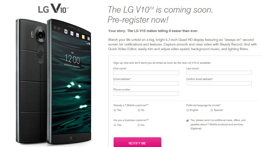 LG V10 T-mobile preregister