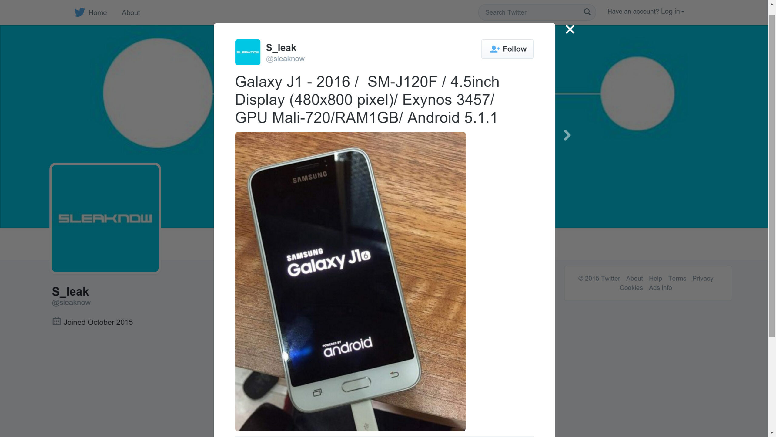 Galaxy J1 (2016) Tweet Leak