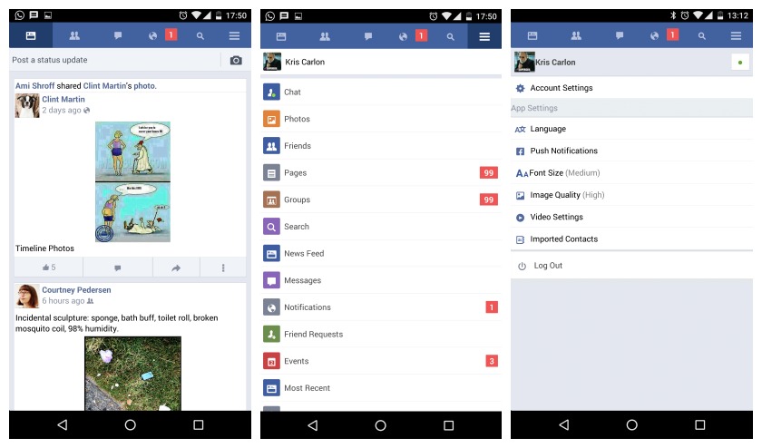 Facebook Lite main menu settings