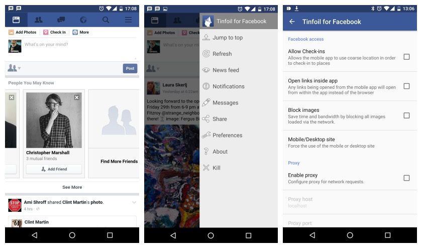 Tinfoil for Facebook main nav preferences