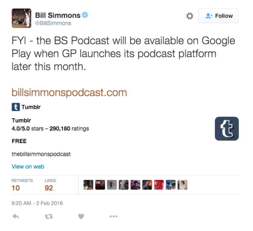 Bill Simmons Google Play Music podcasts tweet