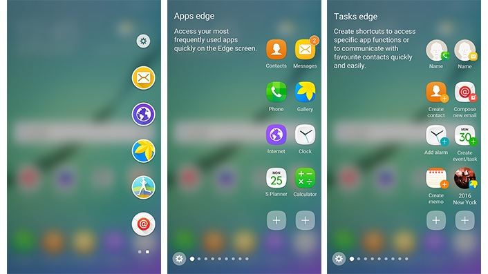 Apps edge, before and after (left, middle) and the new Tasks edge (right)