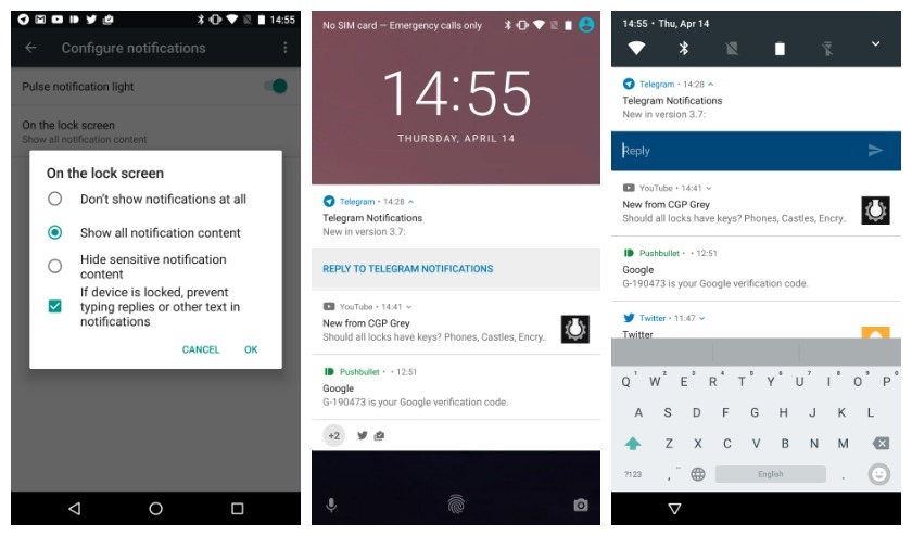 Android N Developer Preview 2 lock screen quick reply notification