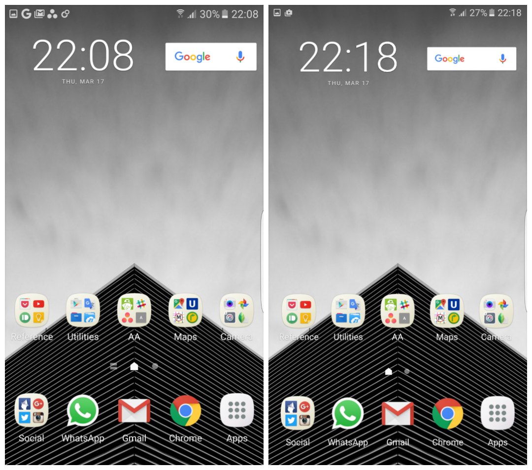 Home screen before and after Galaxy S7 DPI scaling