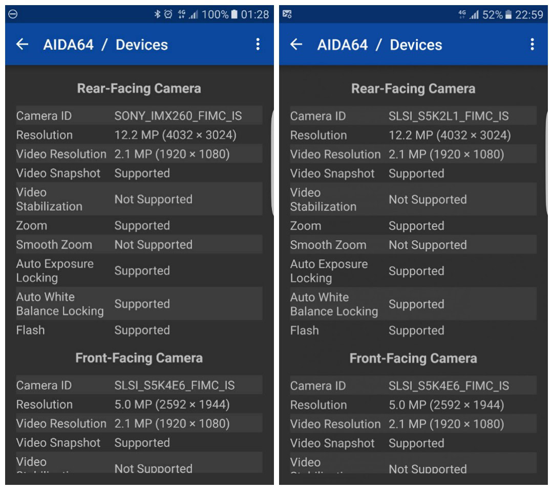 Samsung Galaxy S7 camera sensor AIDA64 Sony ISOCELL