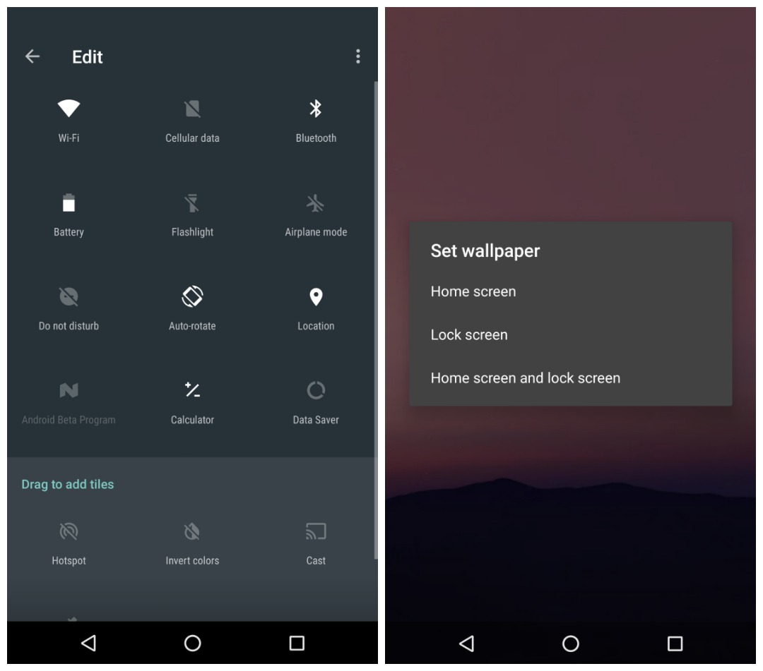 Android N Developer PReview 2 Quick Settings calculator wallpaper options