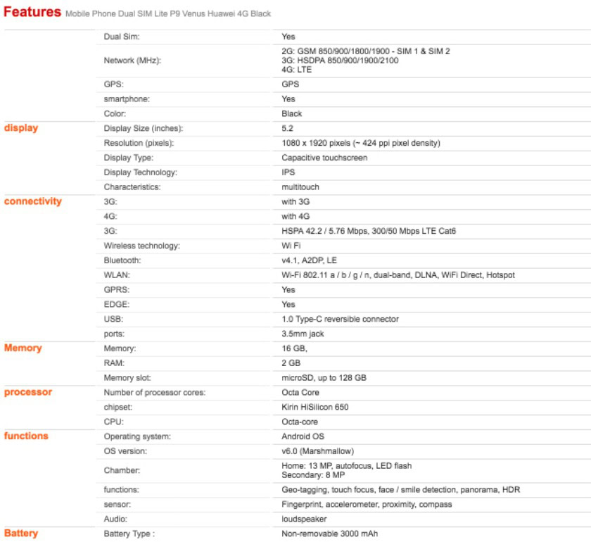 HUAWEI P9 Lite specs