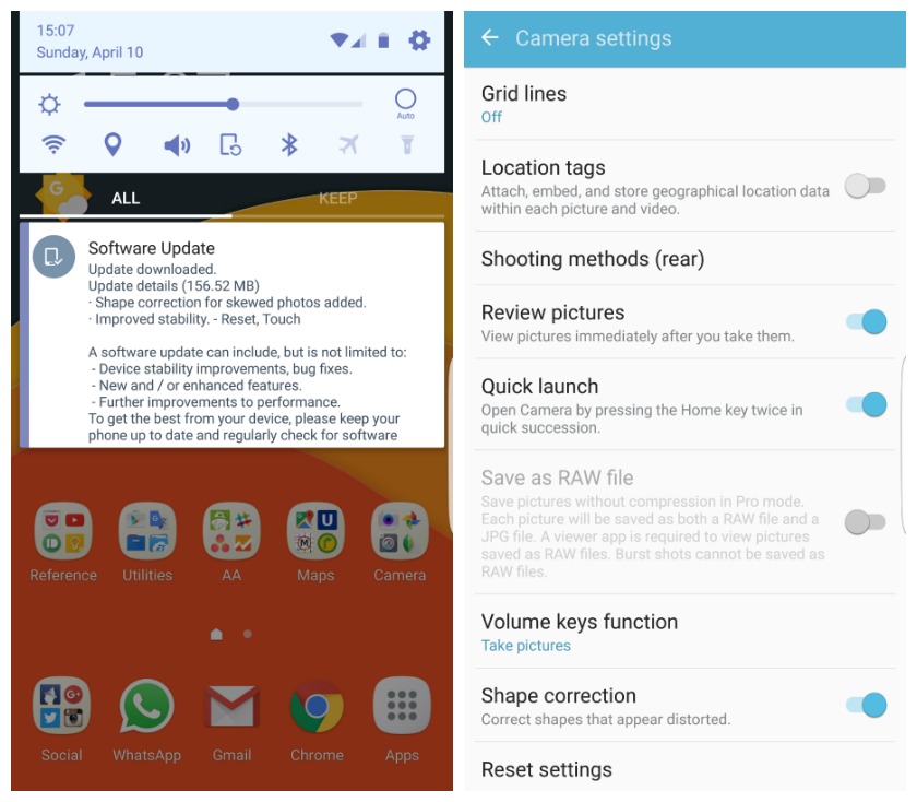 Samsung Galaxy S7 Edge software update shape correction camera option
