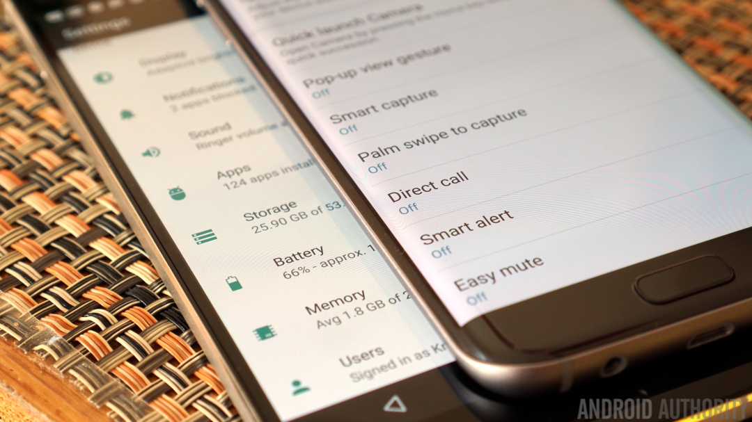 nexus 6P vs Samsung Galaxy S7 Edge settings menu