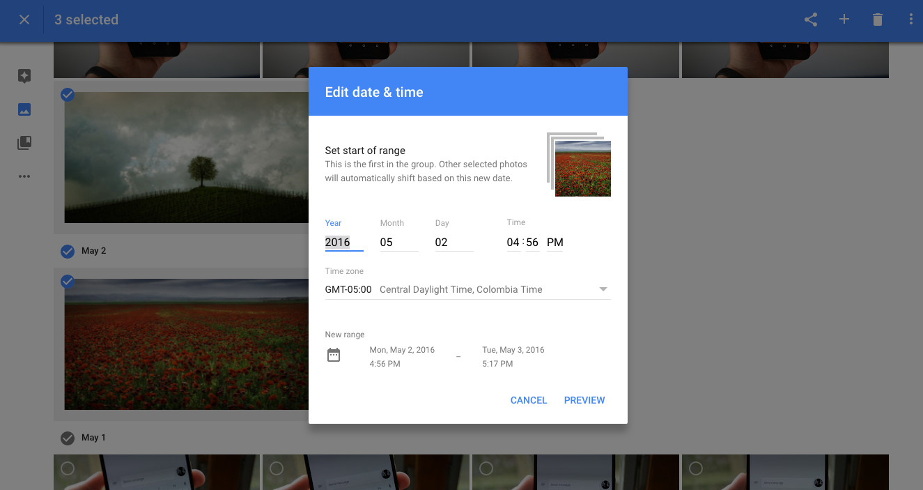Google Photos web time change