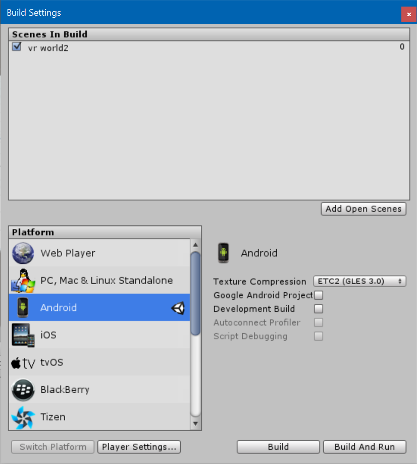 VR Build Settings