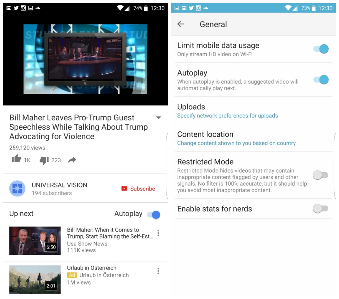 YouTube Autoplay switch and settings