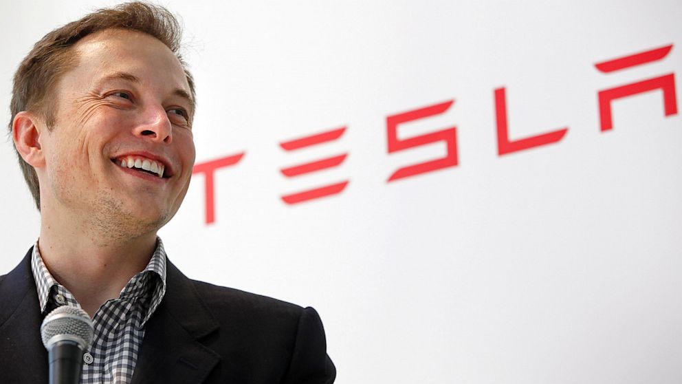 Elon Musk against a background showcasing the Tesla logo