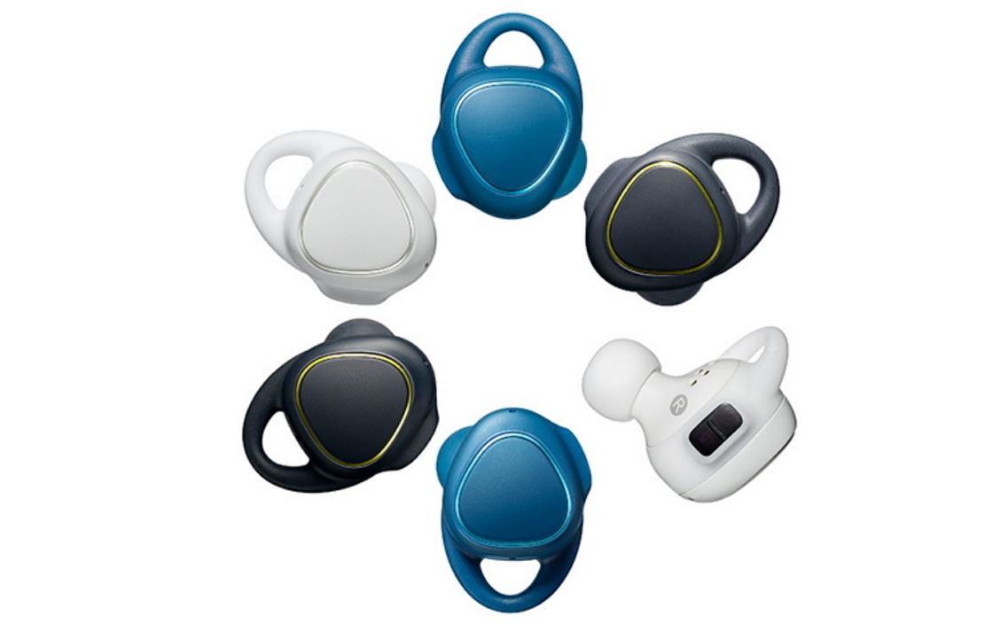 Samsung Gear IconX 2016 heart rate monitor earbuds in a circular formation against a white background.