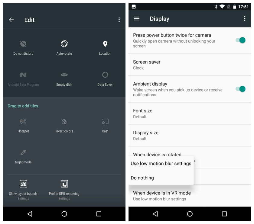 Android N developer preview 5 quick settings vr mode settings