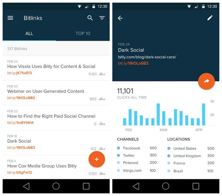 Bitly Android app screenshots