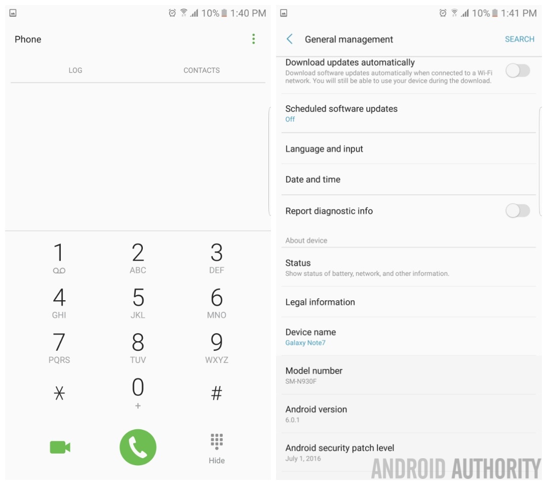 Samsung Galaxy Note 7 dialer general settings