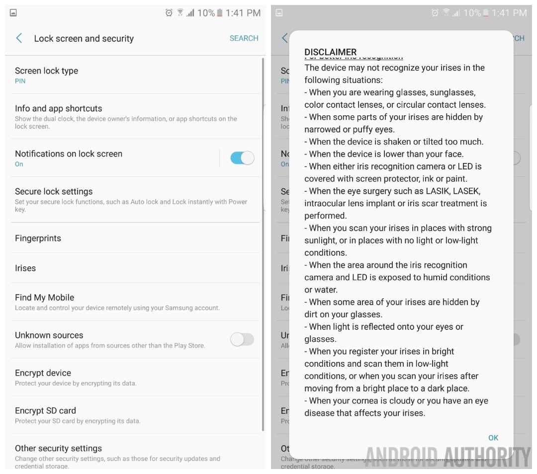 Samsung Galaxy Note 7 security settings iris scanner