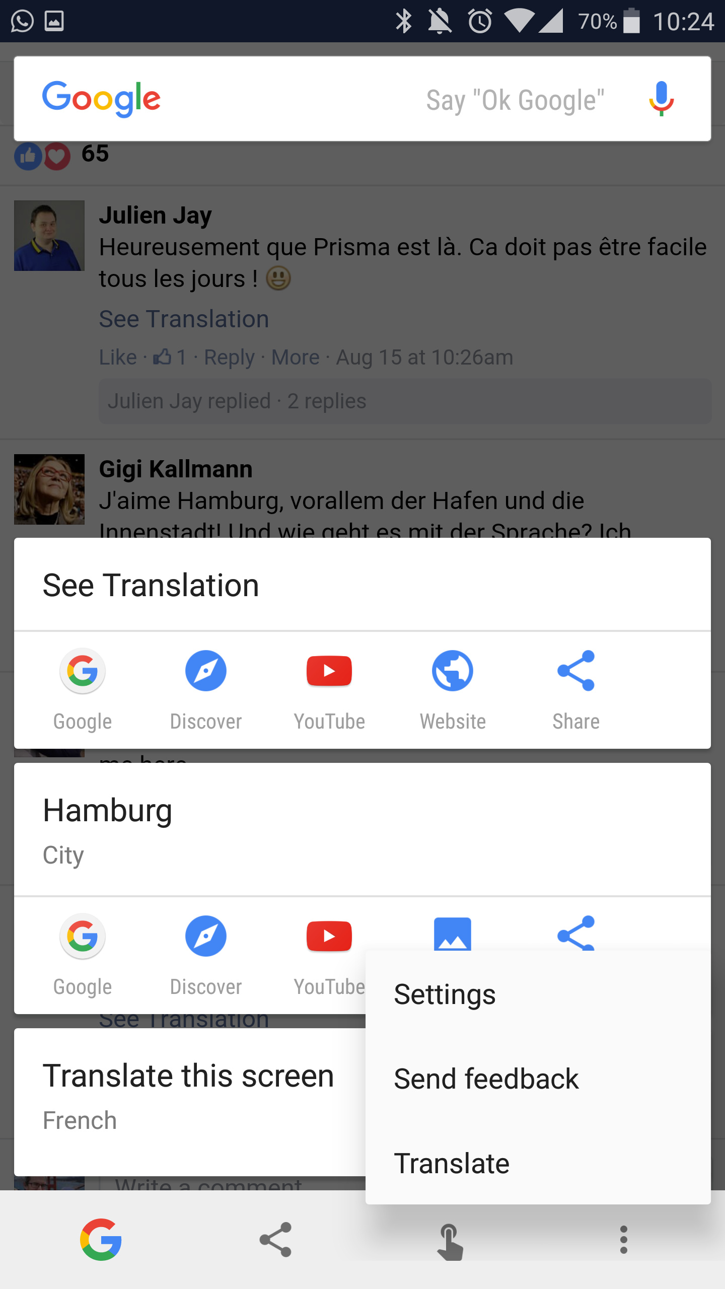 Google Now on Tap translate over flow menu and card