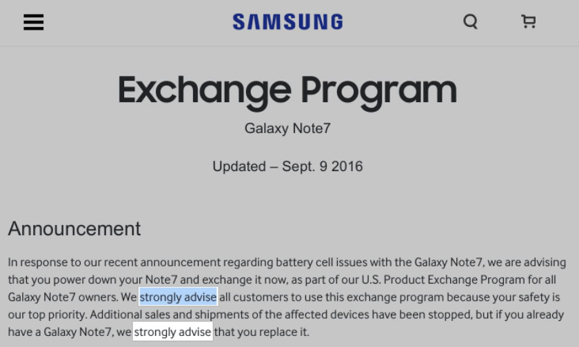 Galaxy Note7 Exchange Program strongly advise
