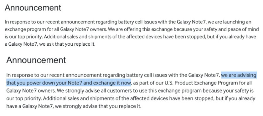 Samsung Galaxy Note 7 recall page before and after