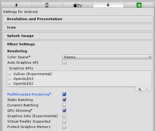 Unity Vulkan API renderer menu options