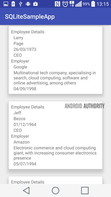 SQLite Database sample - Employee list