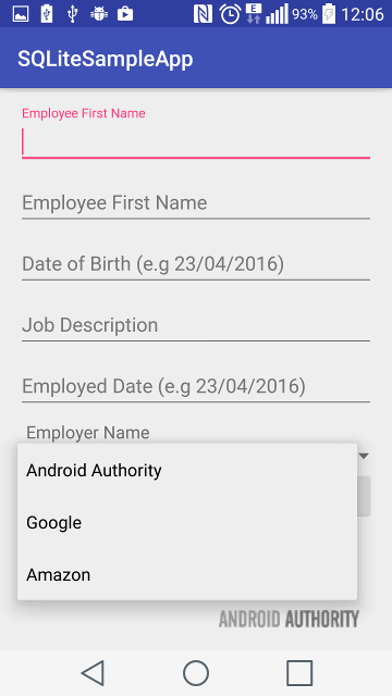 SQLite Database sample - Employer in spinner