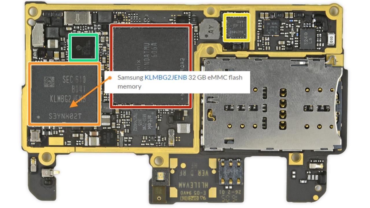 A board view showing eMMC flash memory