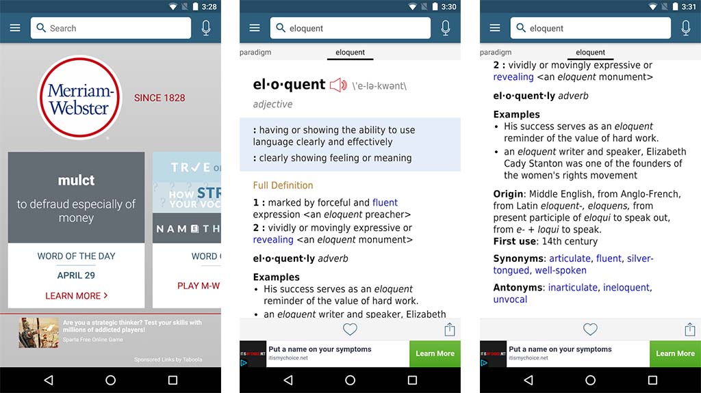 Esta es la captura de pantalla del diccionario merriam webster para las mejores aplicaciones de gramática para Android