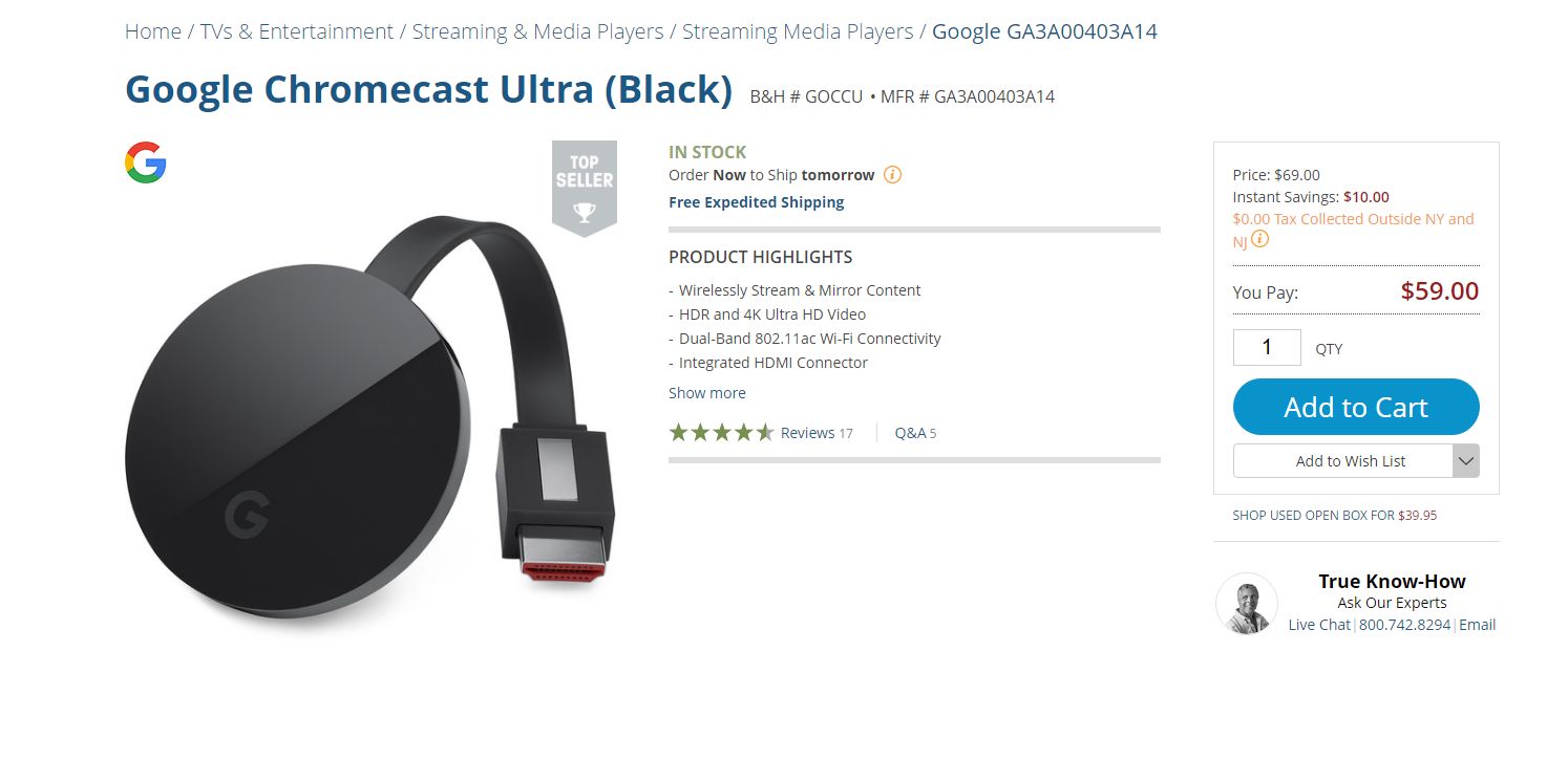 Google Chromecast Ultra 4K Streaming Media Player
