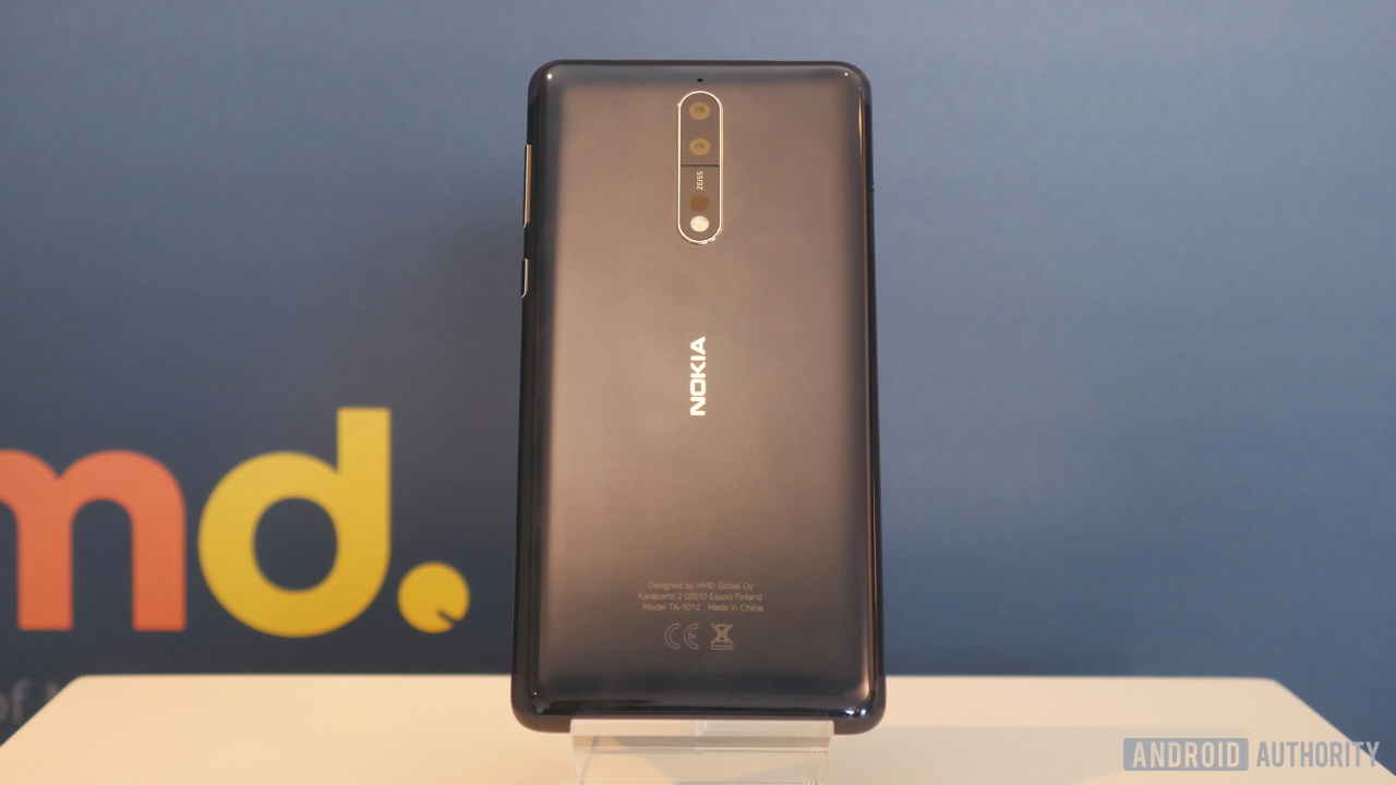 The rear of the Nokia 8 on a stand.