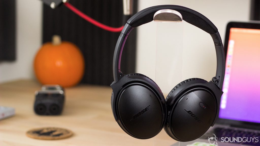 The Bose QuietComfort 35 II noise-cancelling headphones in black in front of a desk.